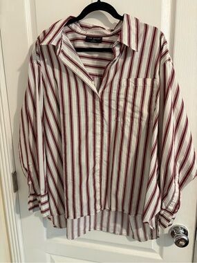Lane Bryant Cream Shirt with Burgundy Stripes